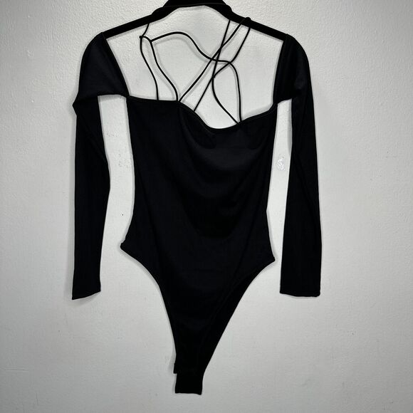 Black Bandeau Style Attached Arm Sleeve Criss Cross Back Bodysuit Snap Close M - Picture 14 of 14